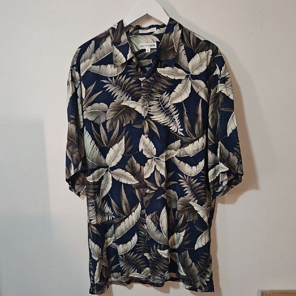 Pierre Cardin Men Blue and Tan Leaf Shirt XL 100%rayon